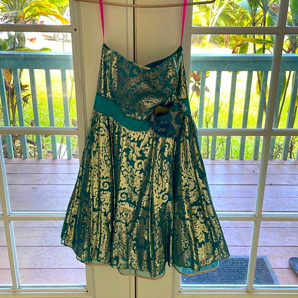 Strapless Green and Gold Brocade Party Dress